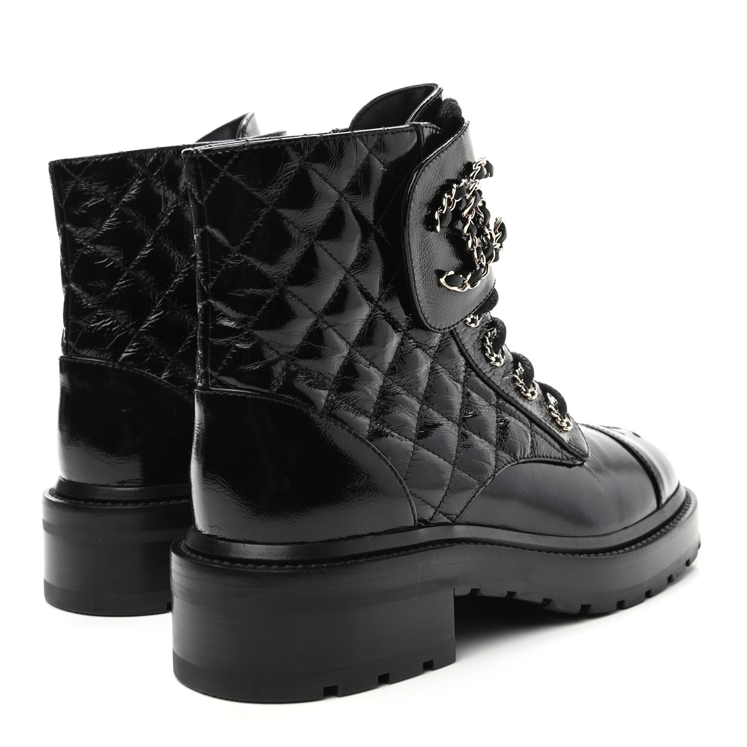 Chanel Shiny Calfskin Quilted Lace Up Combat Boots 36.5 Black 4 of 8