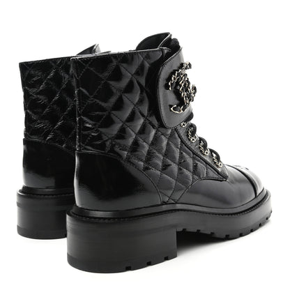 Chanel Shiny Calfskin Quilted Lace Up Combat Boots 36.5 Black 4 of 8