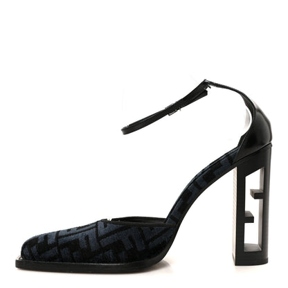 Fendi Chenille Jacquard FF Cut Baguette Ankle Strap 105mm Pumps 41 Black Blue 1 of 9
