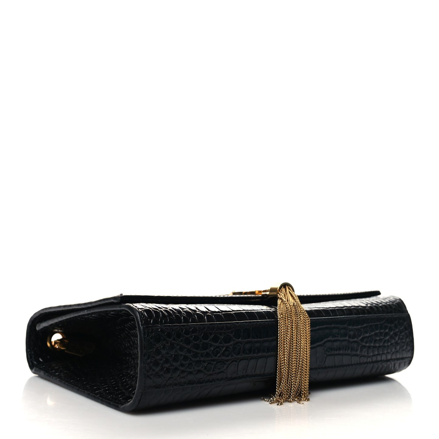 Calfskin Crocodile Embossed Medium Classic Monogram Kate Tassel Satchel Black