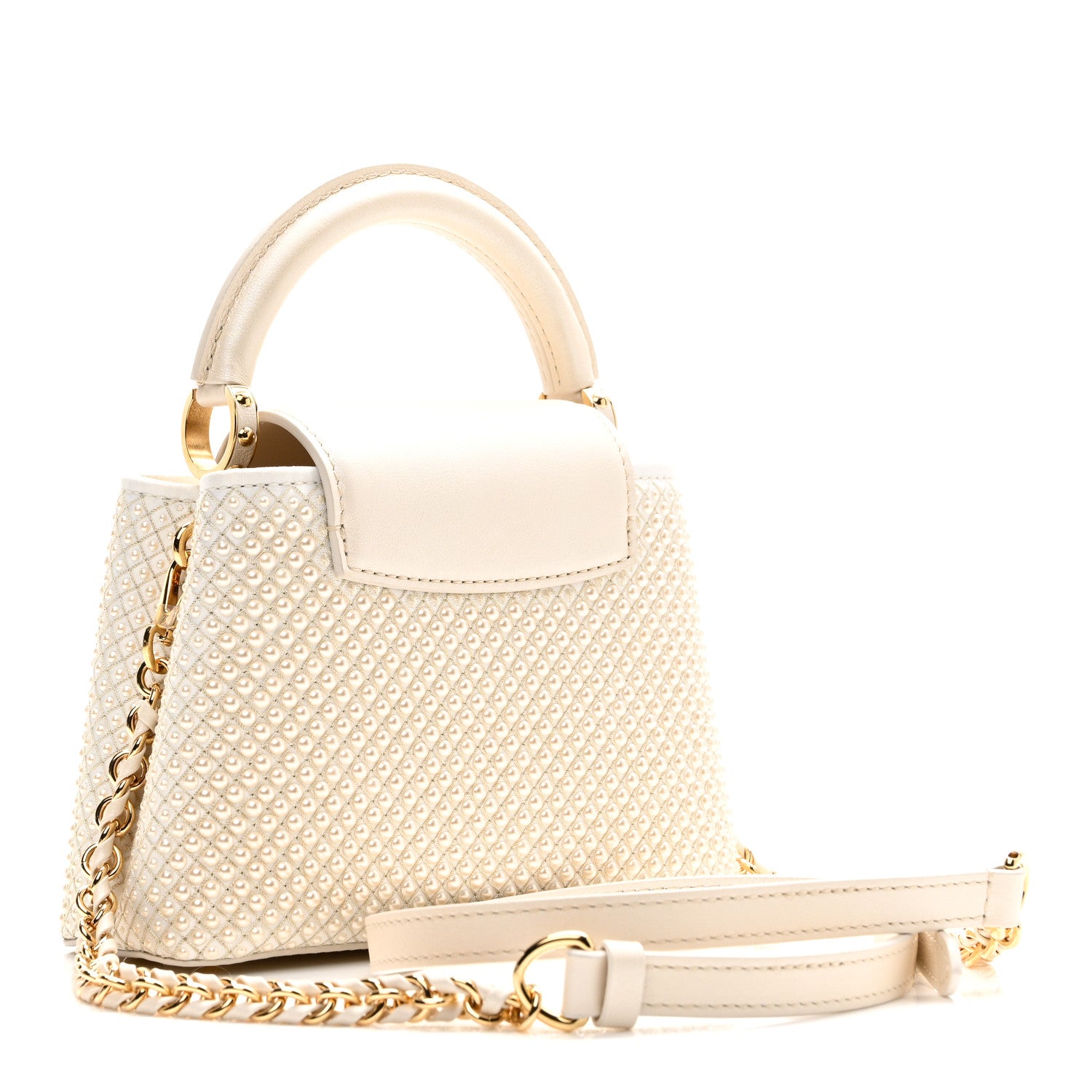 Louis Vuitton Metallic Calfskin Satin Pearl Embellished Mini Treasure Capucines Cream 3 of 9