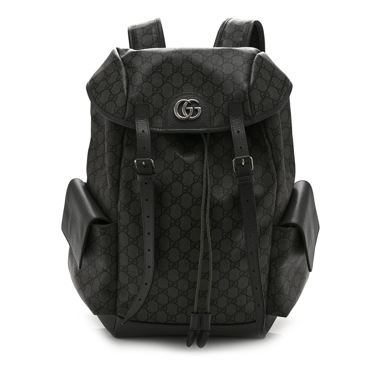 Gucci GG Supreme Monogram Textured Dollar Calfskin Medium Ophidia Double Buckle Backpack Grey Black Graphite Grey 1 of 10