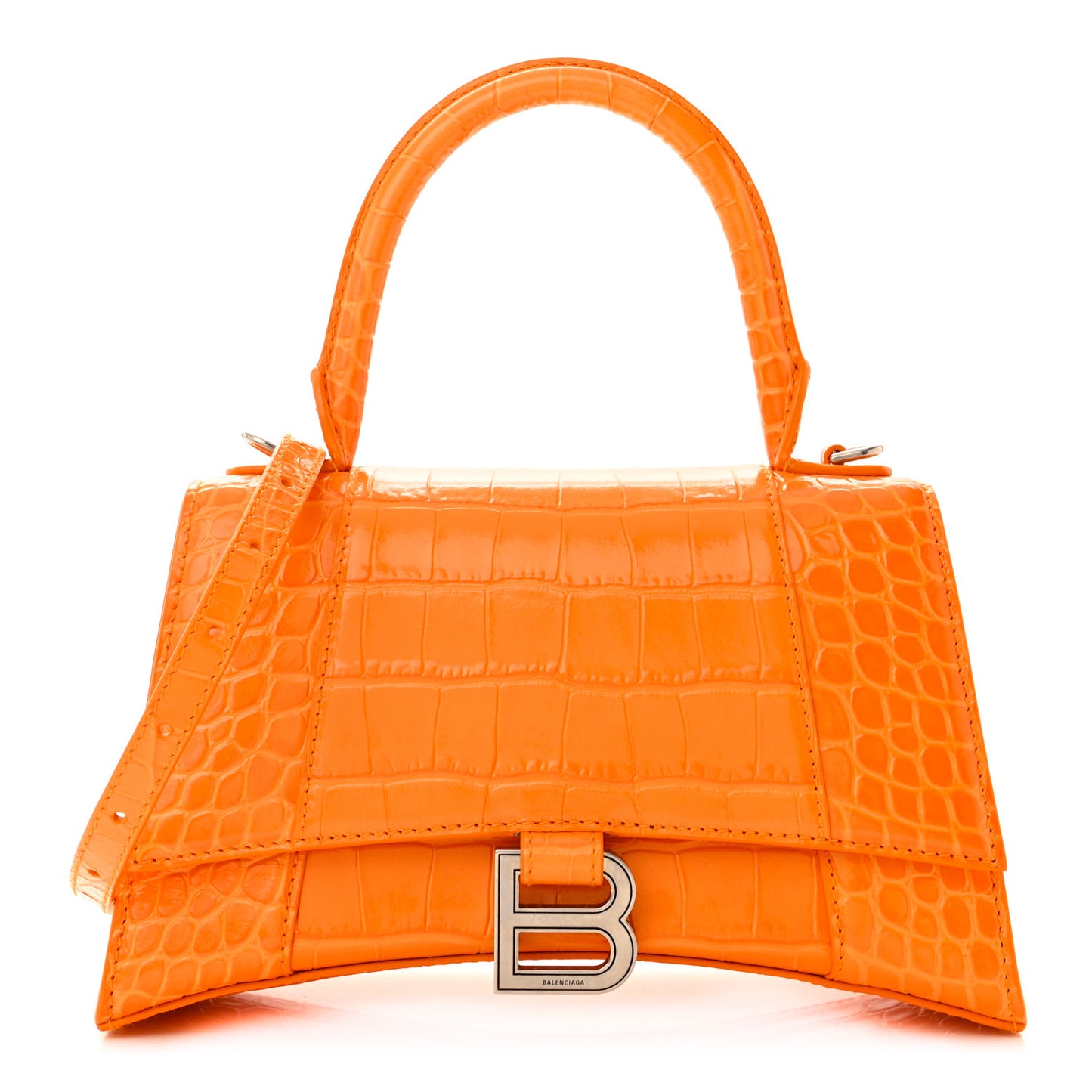 Shiny Calfskin Crocodile Embossed Small Hourglass Top Handle Bag Pop Orange