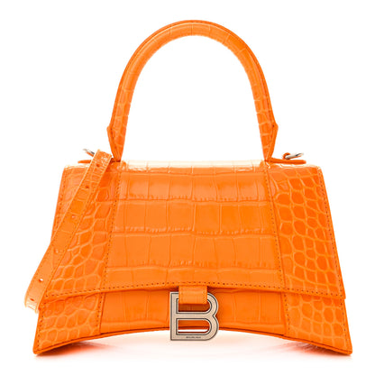 Balenciaga Shiny Calfskin Crocodile Embossed Small Hourglass Top Handle Bag Pop Orange 1 of 11