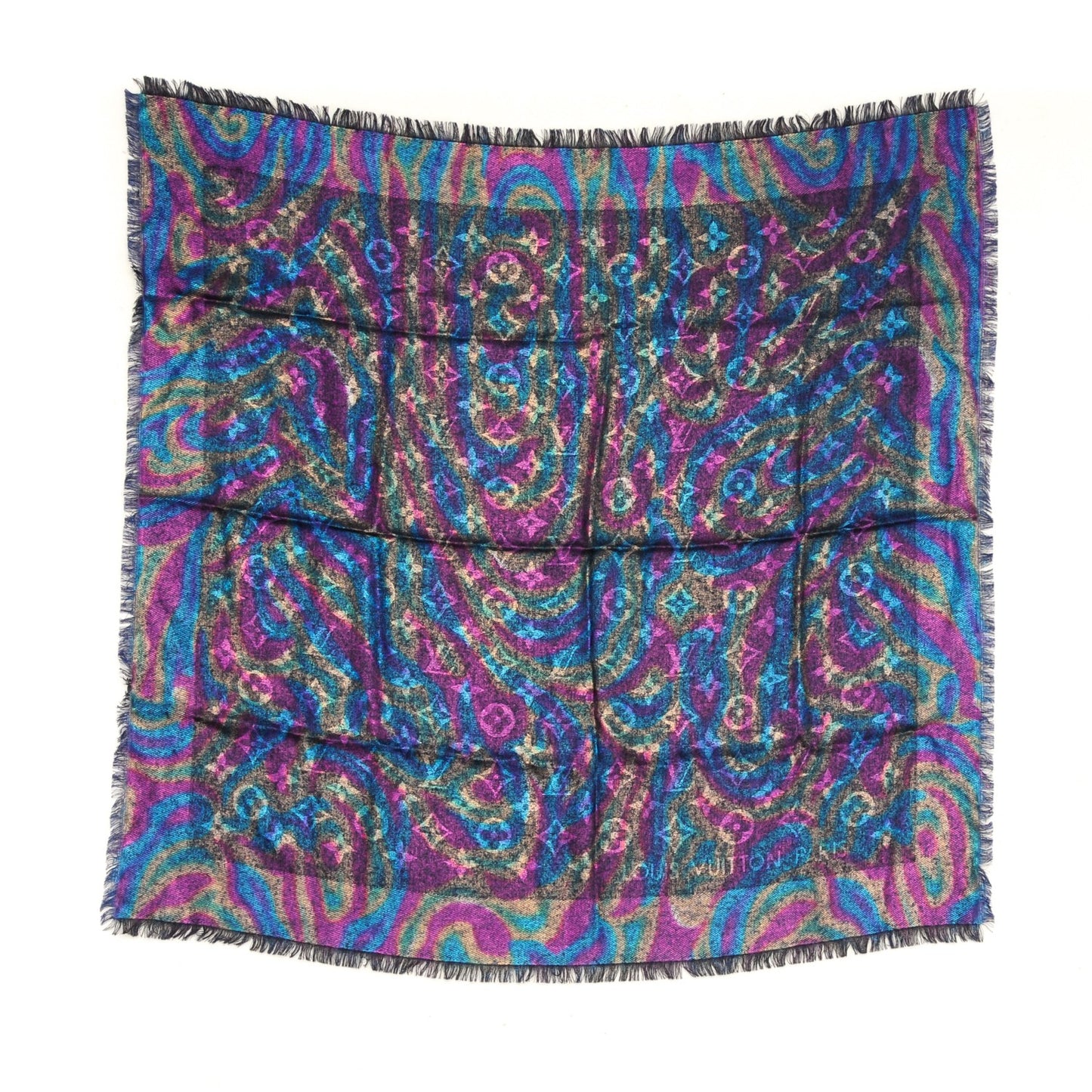 Silk Wool Monogram Plume Shawl Blue Nuit