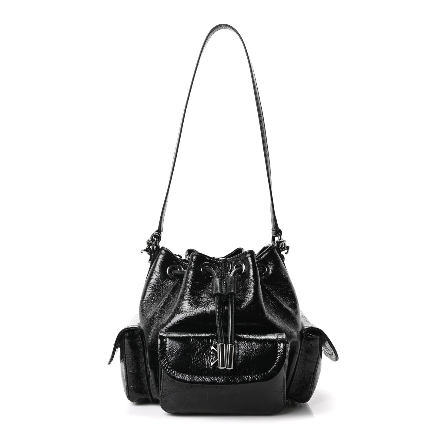 Calfskin Dumbo B Chain Pocket Bucket Bag Black