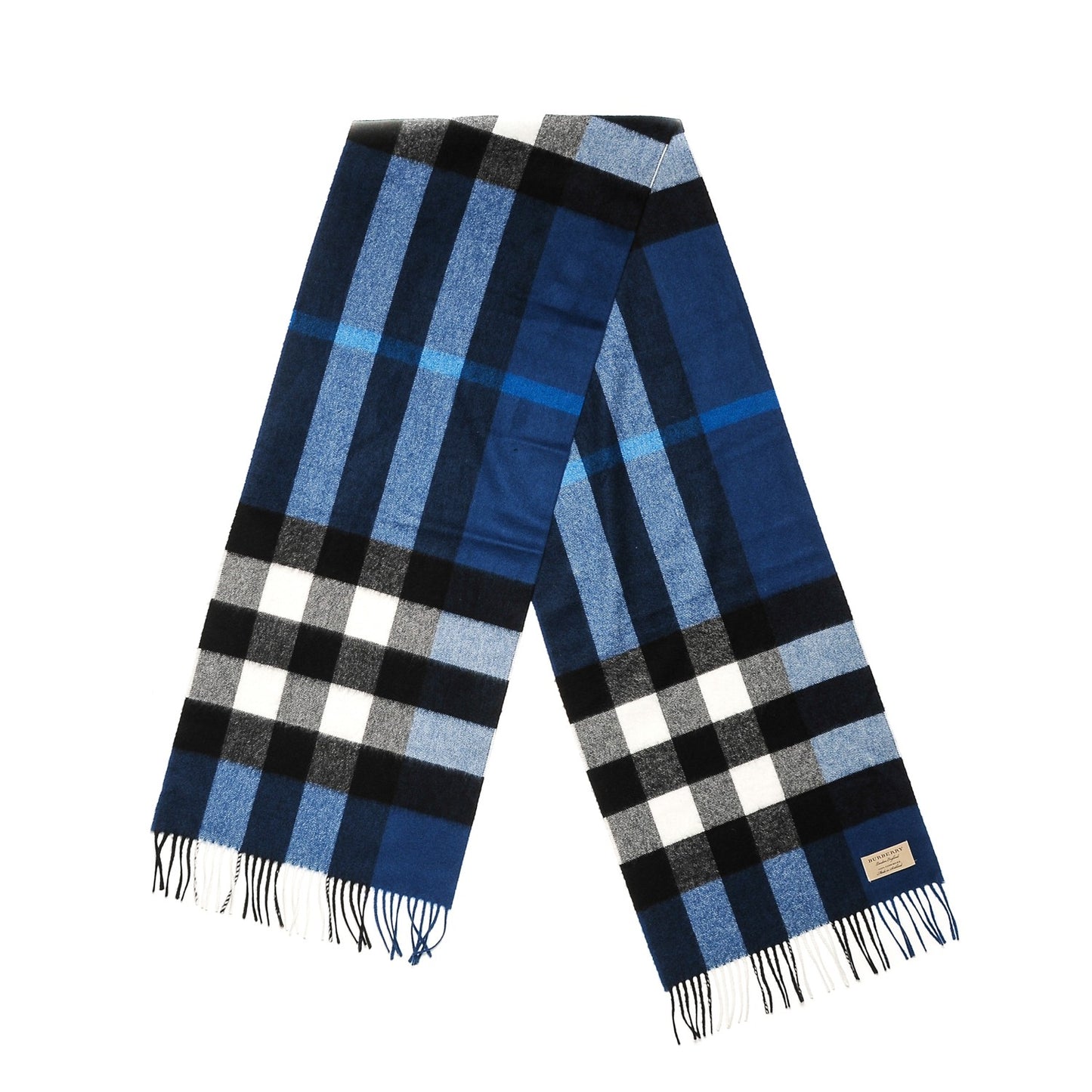 Cashmere Giant Check Fringe Scarf Blue