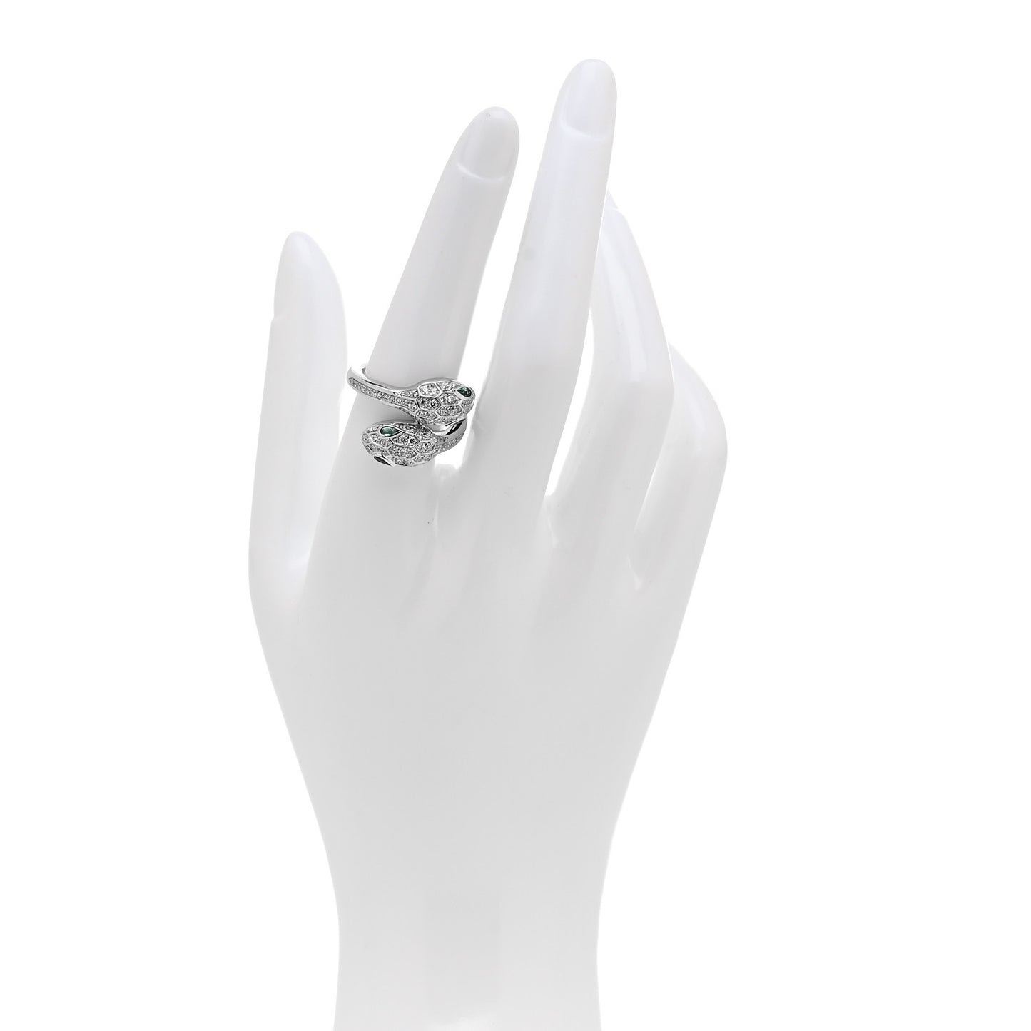 18K White Gold Diamond Emerald Serpenti Seduttori Two Head Ring 55 7.25