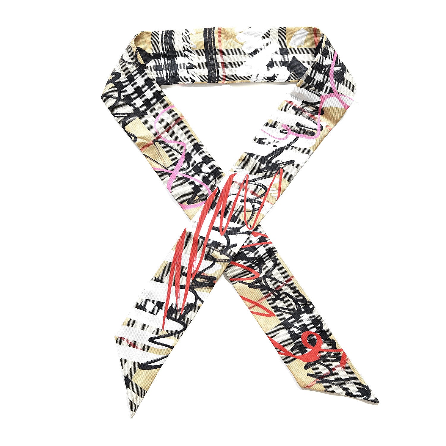 Burberry Silk Vintage Check Scribble Print Skinny Scarf Archive Beige 1 of 3