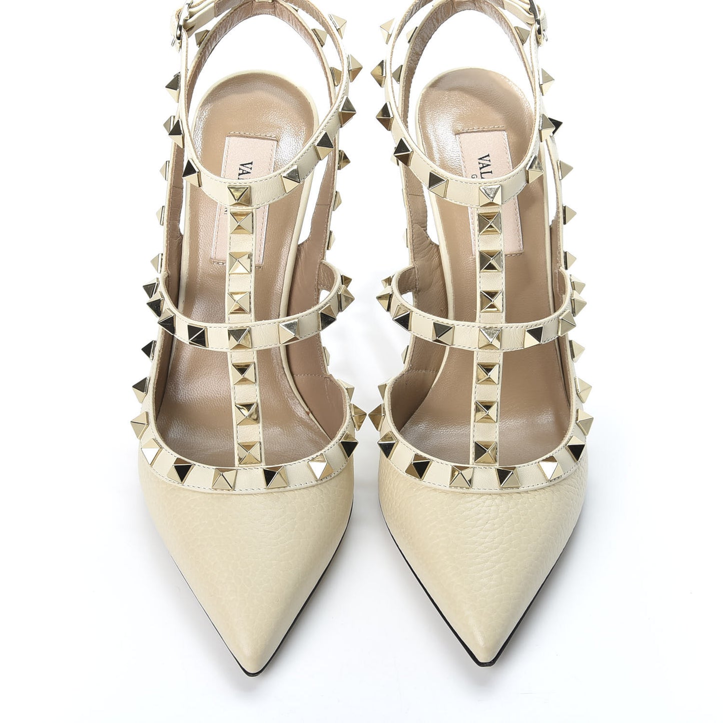 Pebbled Calfskin Rockstud Ankle Strap Pumps 36 Ivory