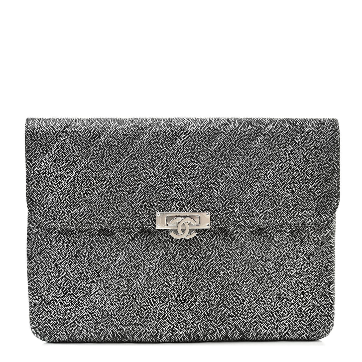 Metallic Caviar Quilted Medium Golden Class Pouch Silver