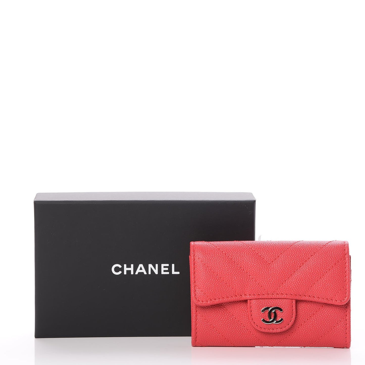 Caviar Chevron Quilted Card Holder Wallet Dark Pink