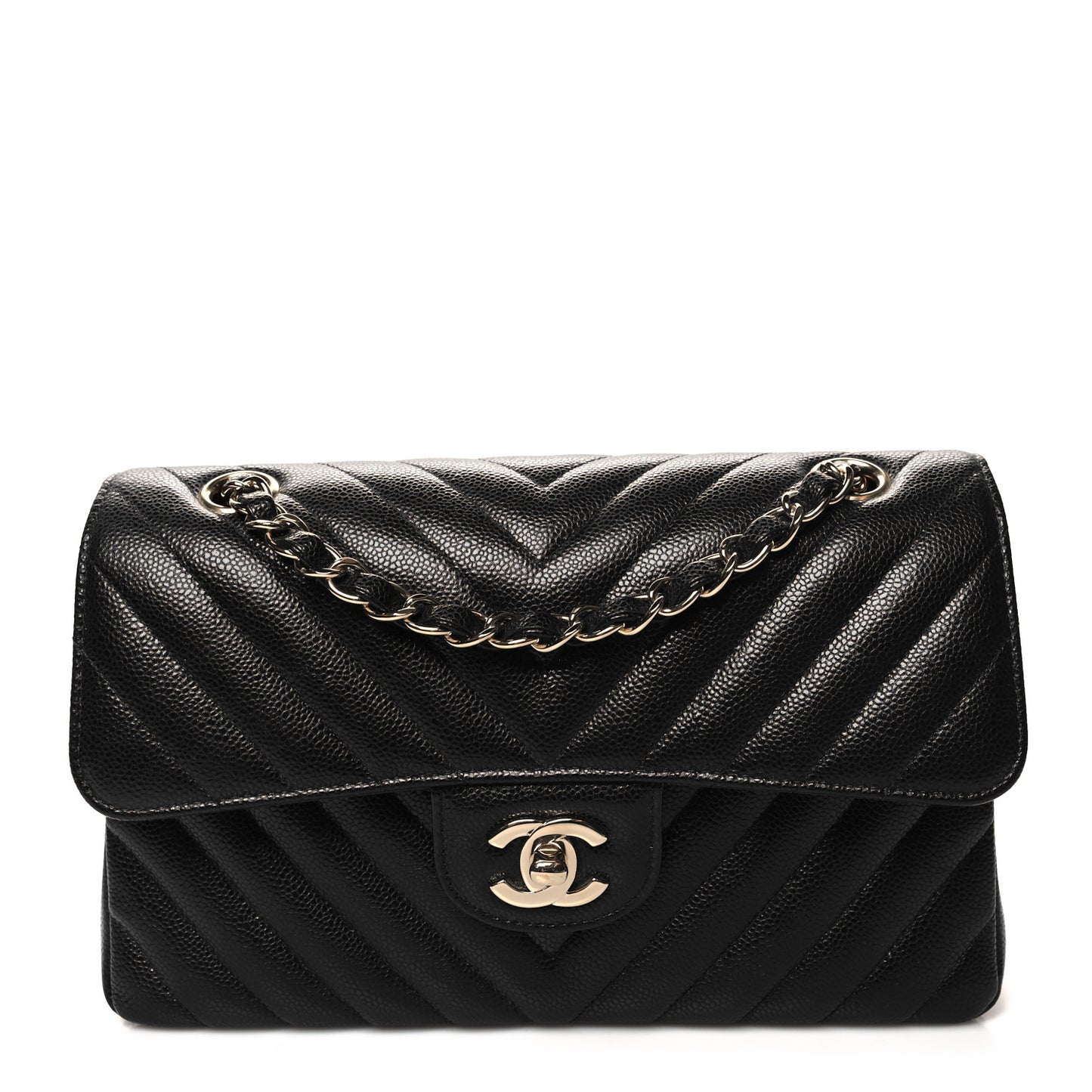 Caviar Chevron Quilted Small Double Flap Black