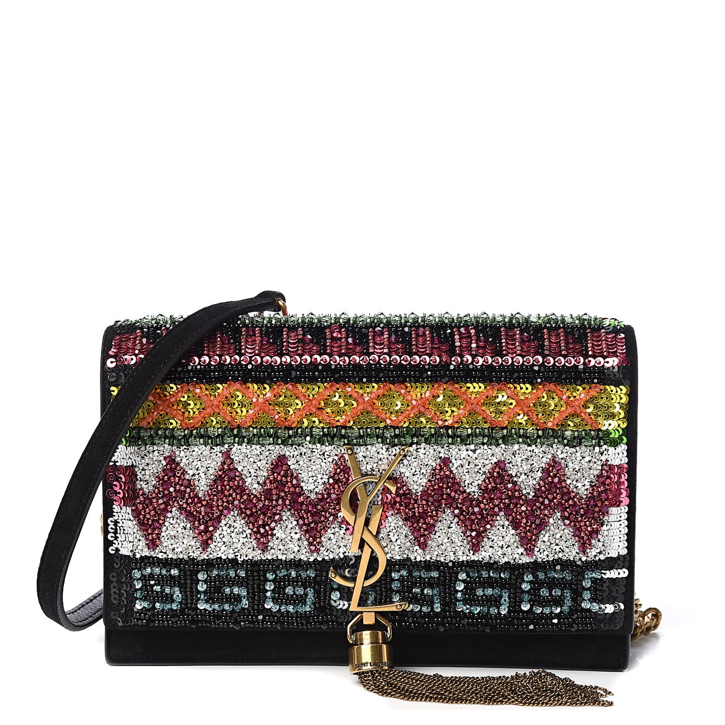 Suede Sequin Bead Embellished Classic Monogram Kate Tassel Chain Wallet Black Multicolor