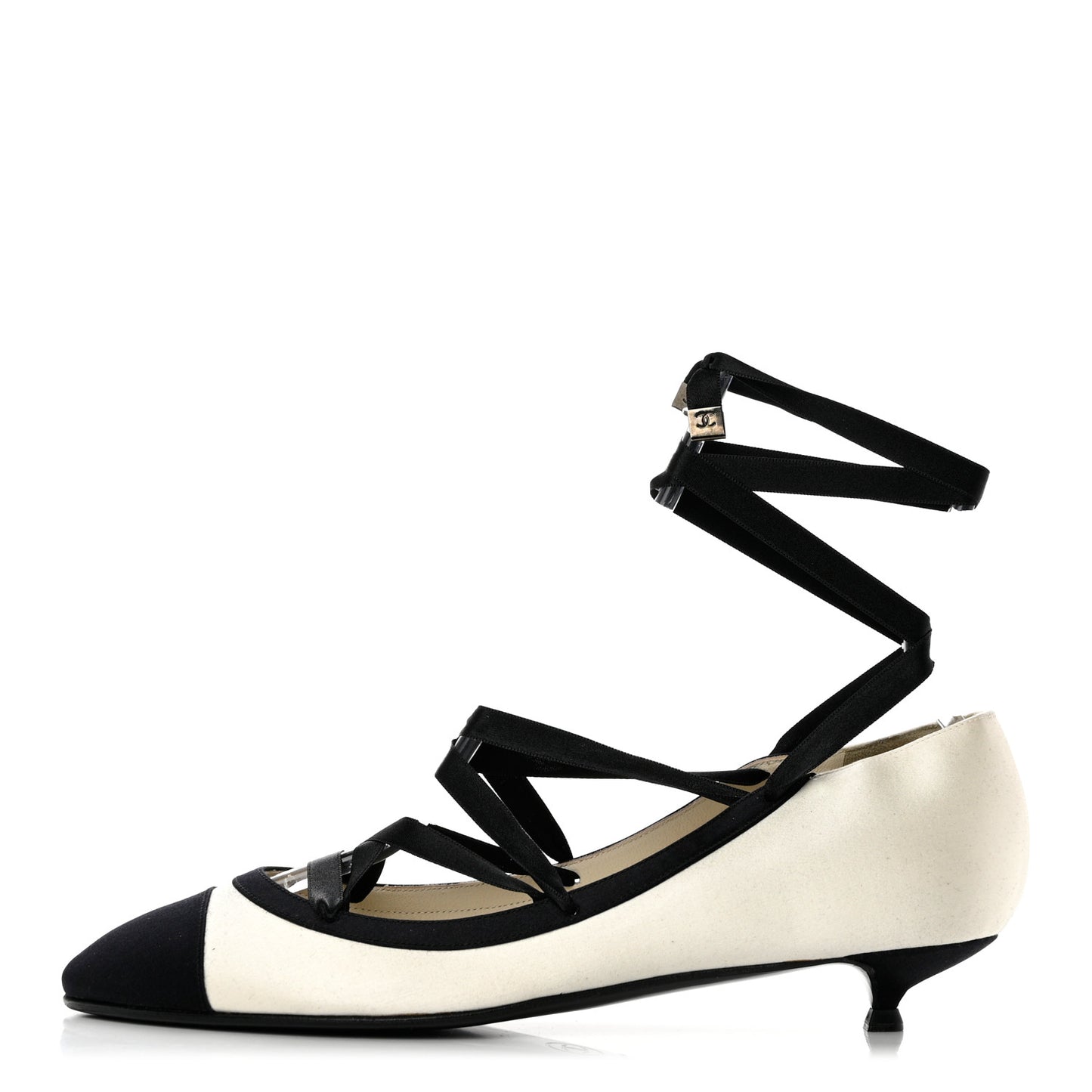 Fabric Cap Toe CC Ballerina Ankle Wrap Pumps 40 White Black