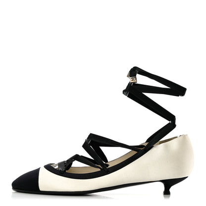 Chanel Fabric Cap Toe CC Ballerina Ankle Wrap Pumps 40 White Black 1 of 7
