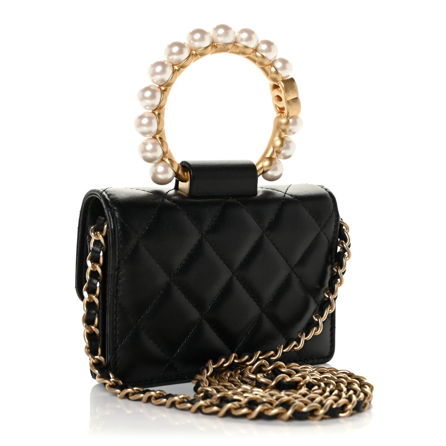 Lambskin Quilted Pearl Crown Clutch With Chain Black