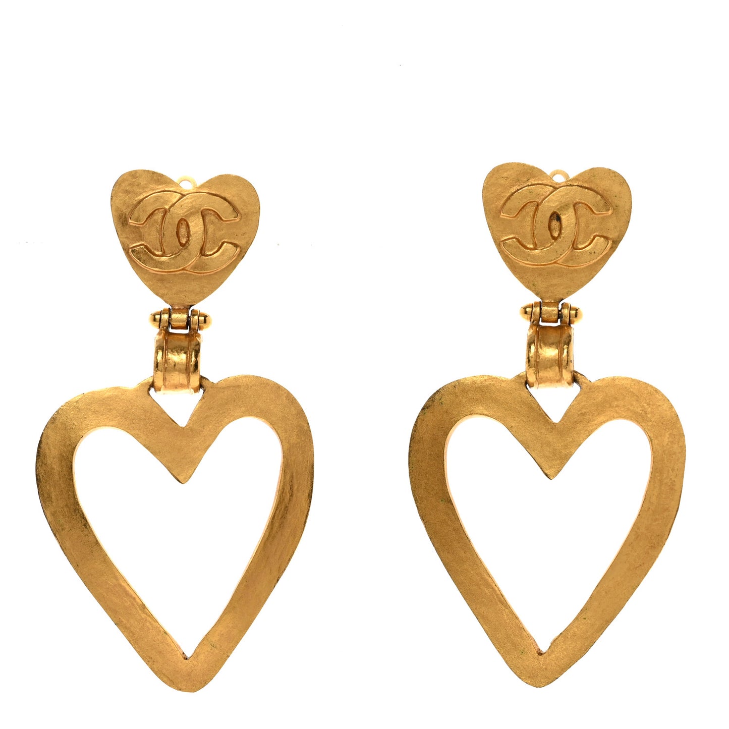 Metal CC Heart Drop Clip On Earrings Gold