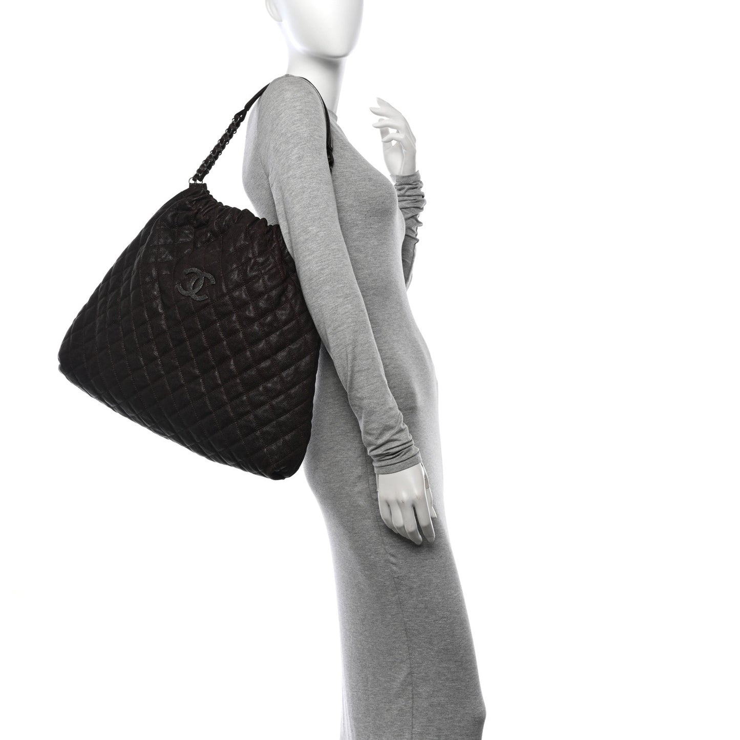 Distressed Glazed Caviar Quilted Large Elastic Tote Brown