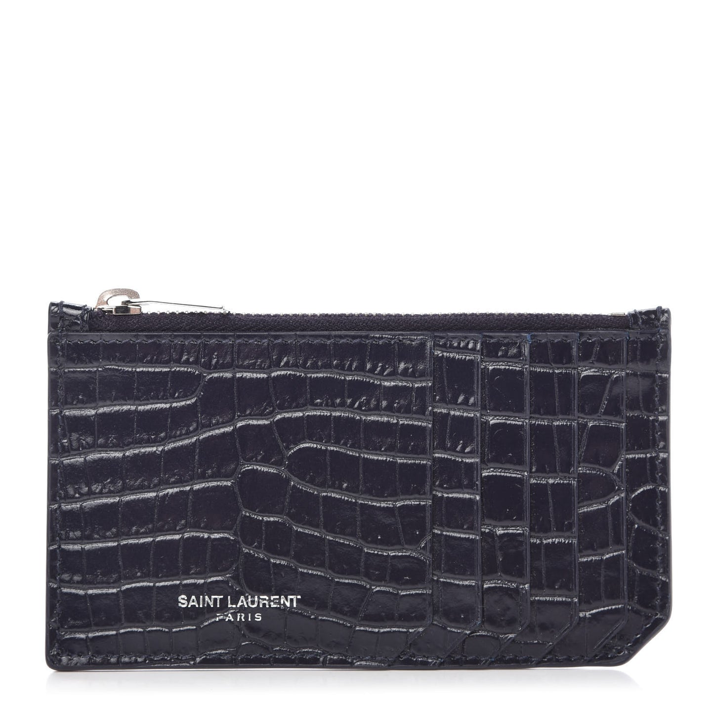 Calfskin Crocodile Embossed 5 Fragments Zip Pouch Card Holder Blue Marine