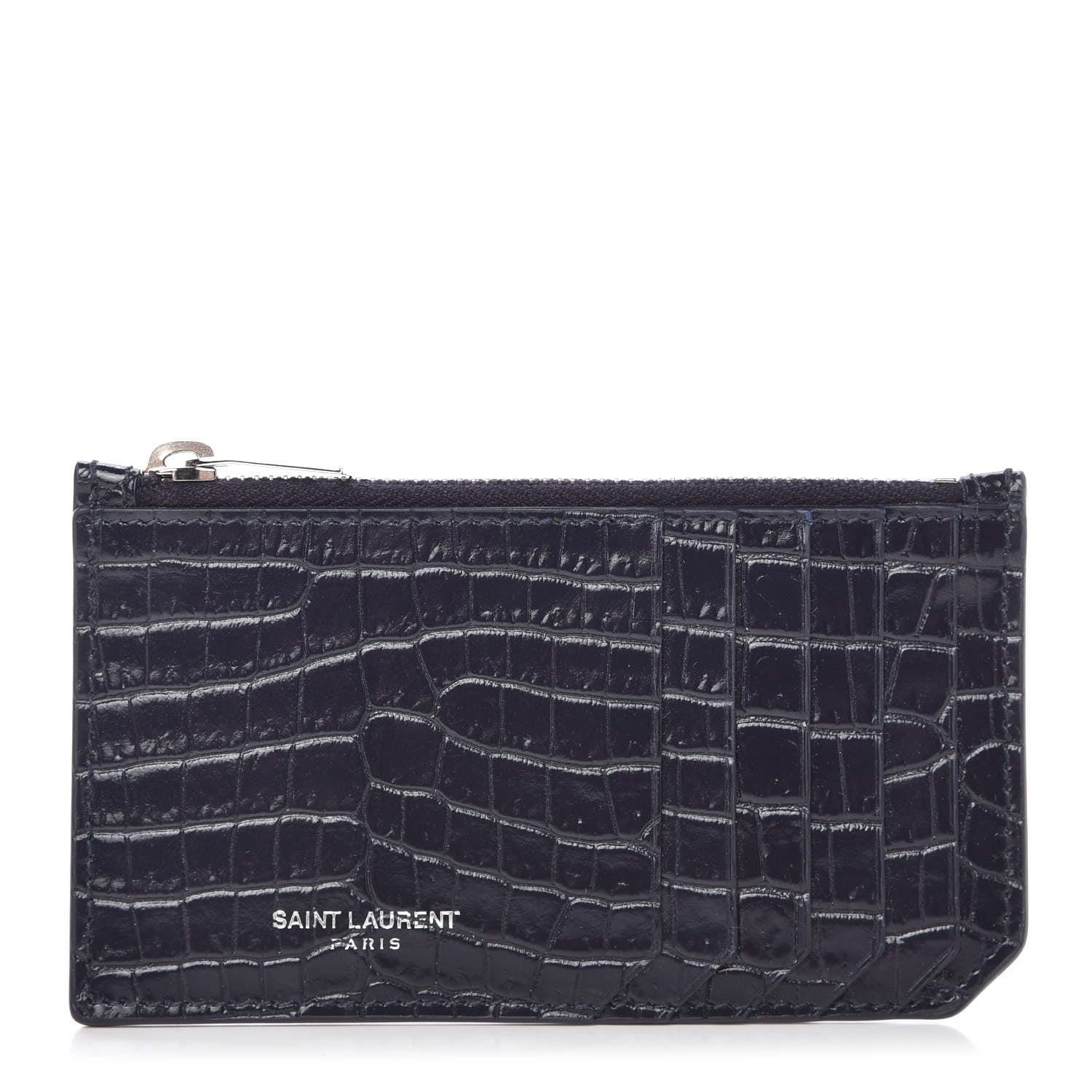 Saint Laurent Calfskin Crocodile Embossed 5 Fragments Zip Pouch Card Holder Blue Marine 1 of 9