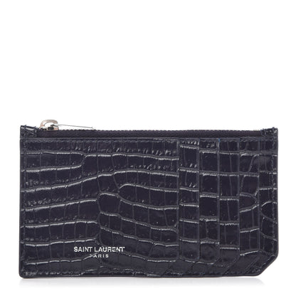 Saint Laurent Calfskin Crocodile Embossed 5 Fragments Zip Pouch Card Holder Blue Marine 1 of 9