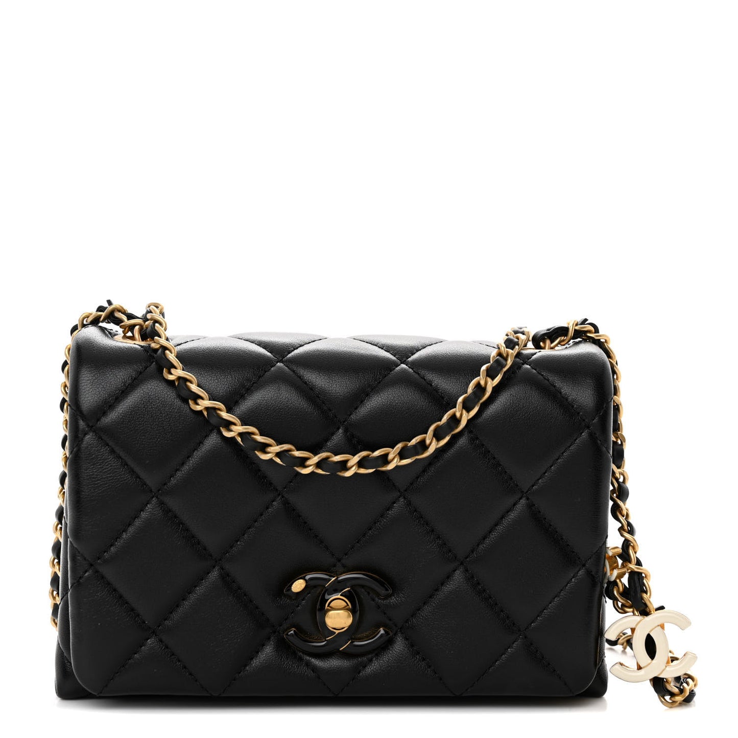 Shiny Lambskin Quilted Enamel CC Mini Flap Black