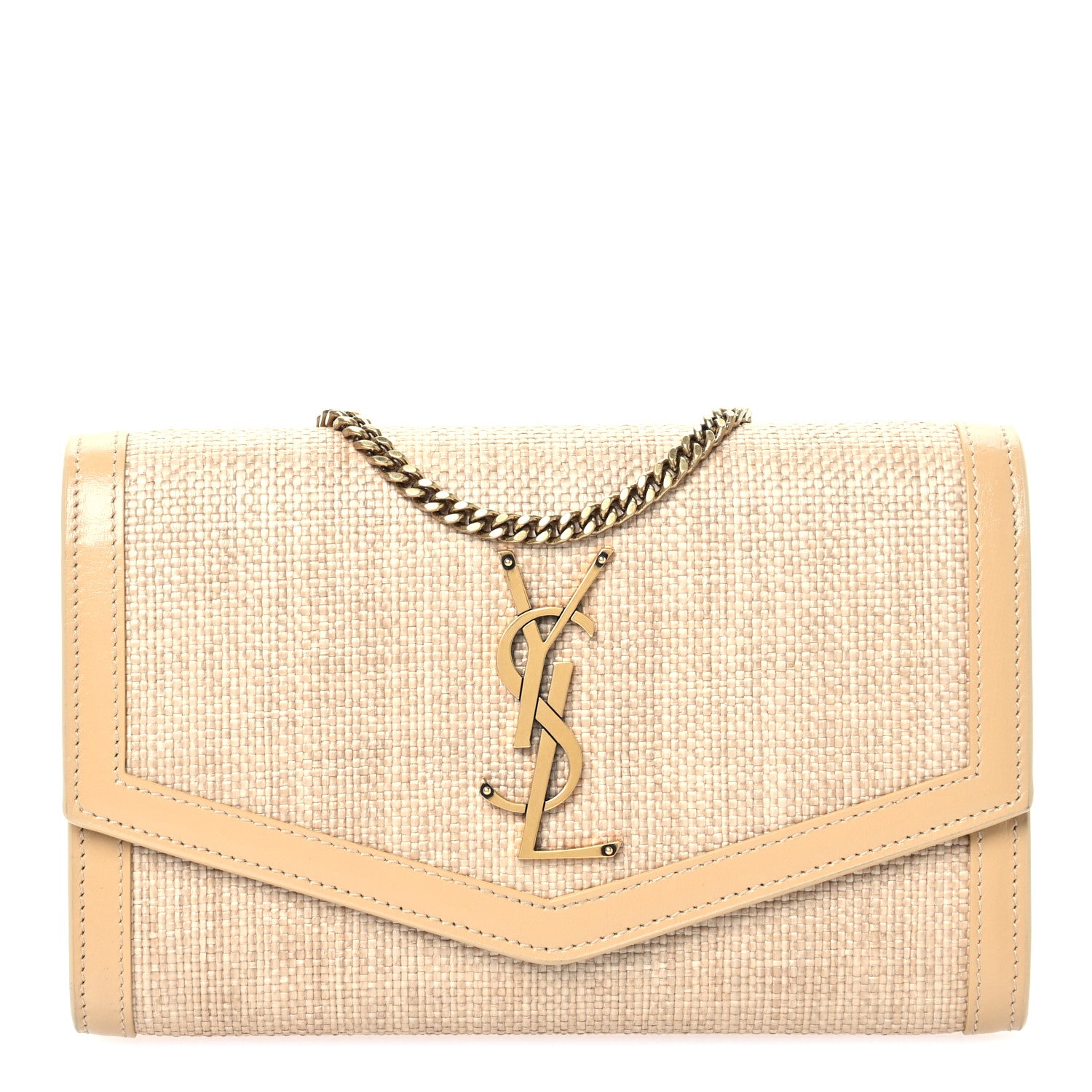 Saint Laurent Micro Raffia Monogram Uptown Chain Wallet Natural Hay Blush 1 of 11