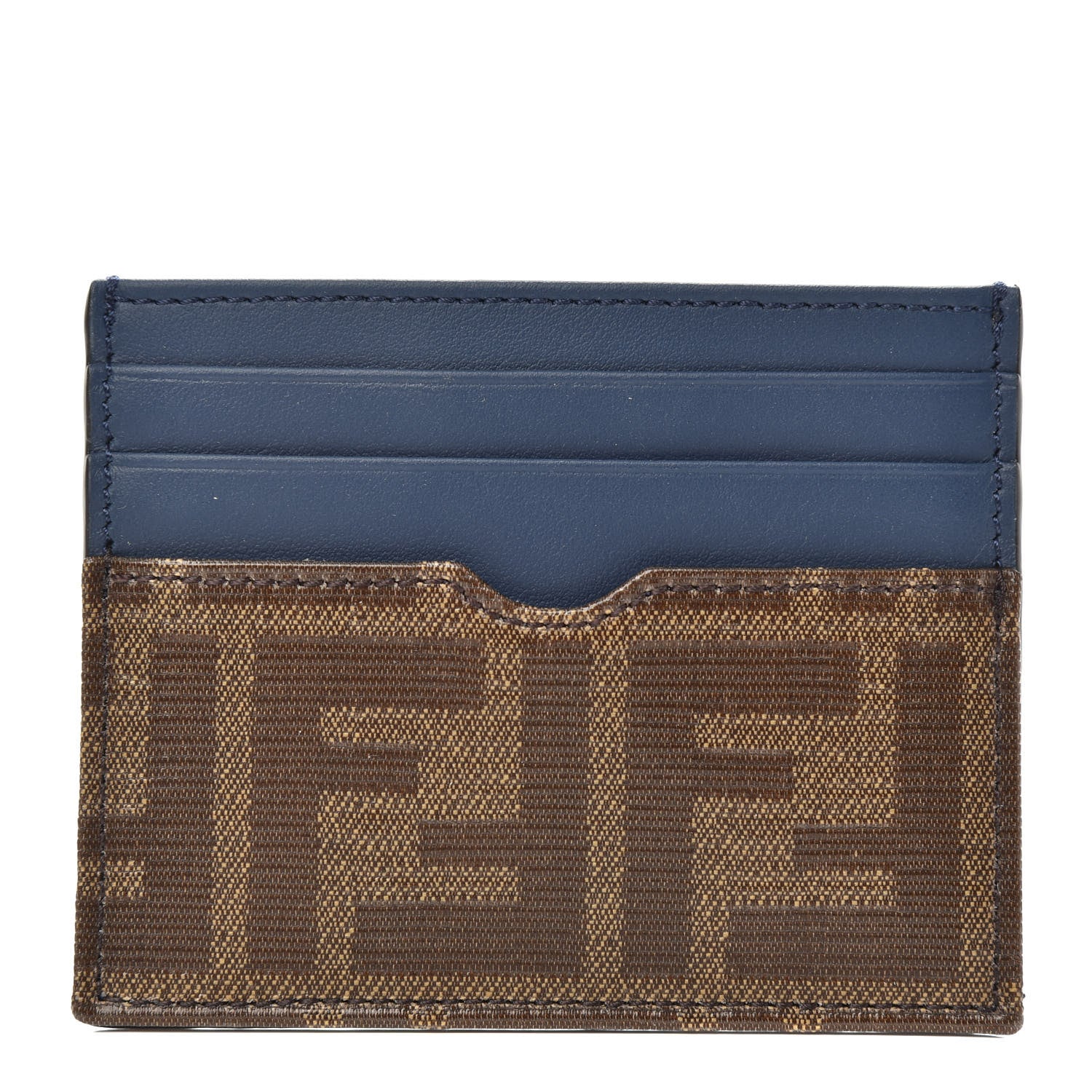 Fendi Vitello Century Glazed Fabric FF 1974 Card Holder Blu Scuro Mogano Panna 1 of 7