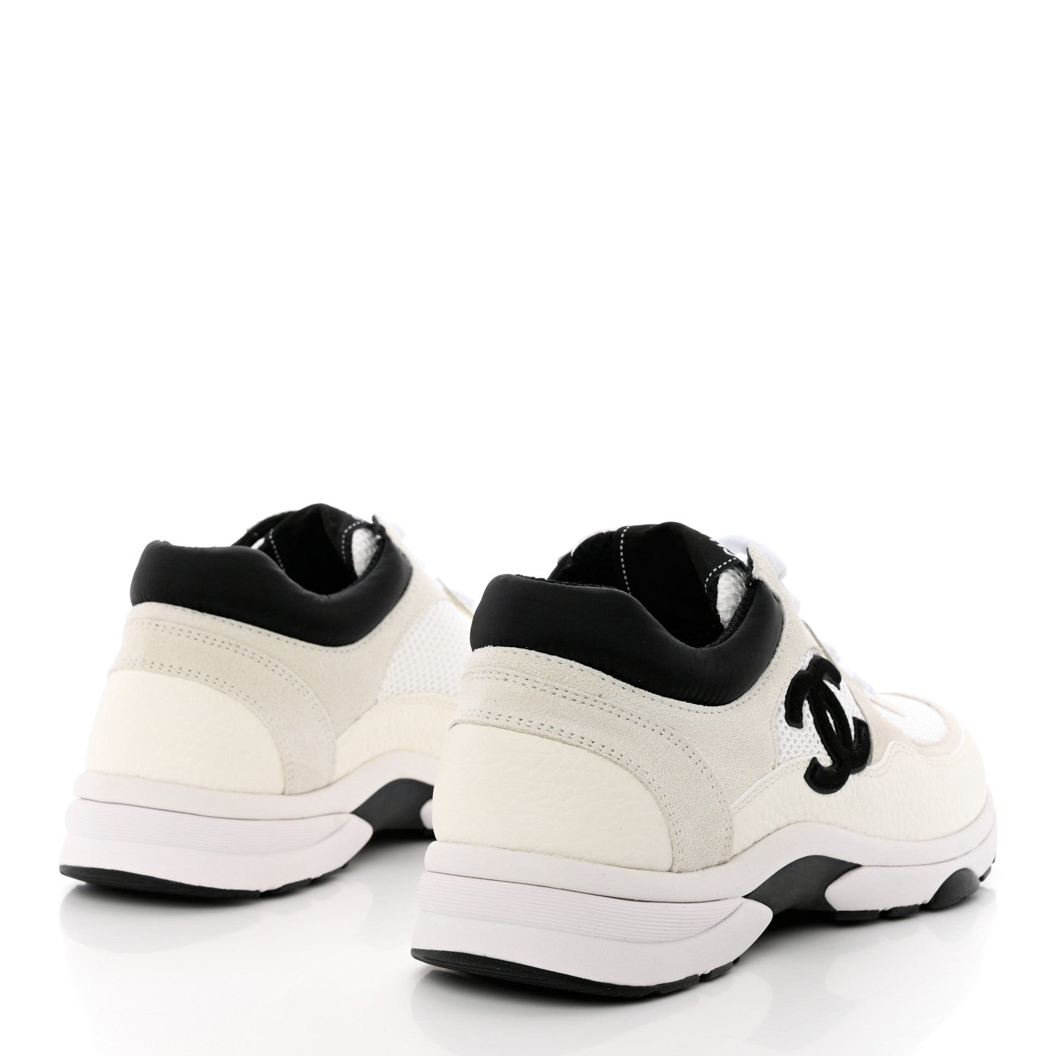 Chanel Mesh Suede Calfskin Grained Calfskin Womens CC Sneakers 38.5 White Black 4 of 11