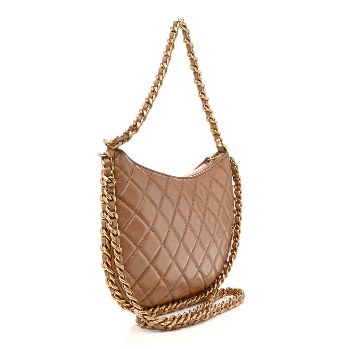 Shiny Crumpled Lambskin Quilted Large Trendy Chain Around Hobo Dark Beige