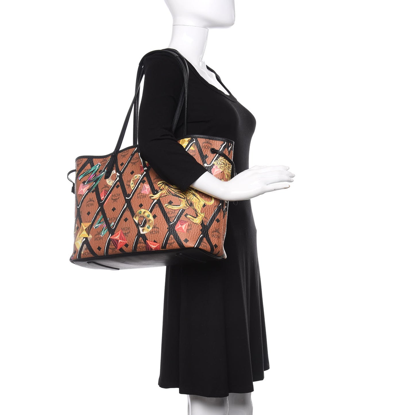 Visetos Calfskin Motif Rombi Lion Printed Reversible Shopper Tote Cognac
