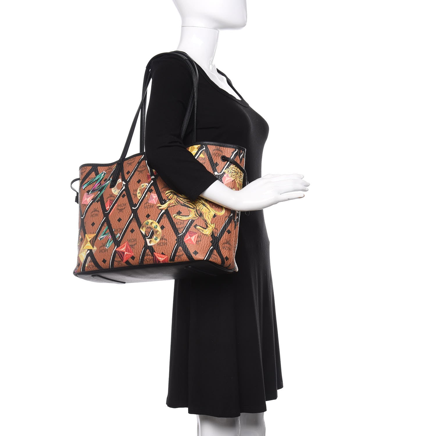 MCM Visetos Calfskin Motif Rombi Lion Printed Reversible Shopper Tote Cognac 2 of 10