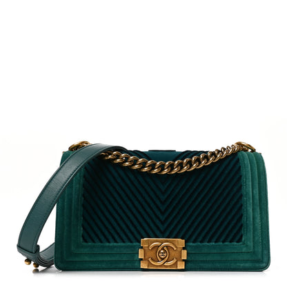 Chanel Velvet Chevron Quilted Medium Boy Flap Peacock Blue 1 of 10