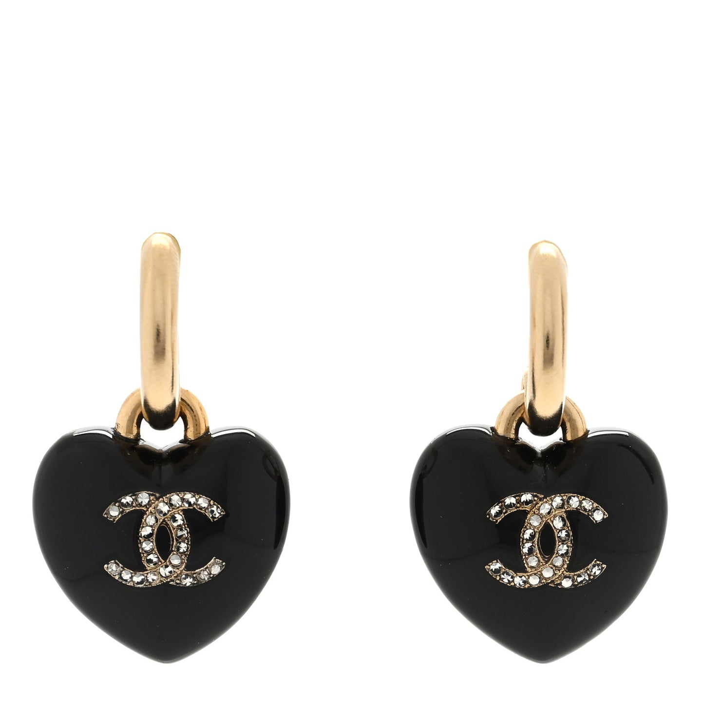 Resin Crystal CC Heart Drop Earrings Black Gold