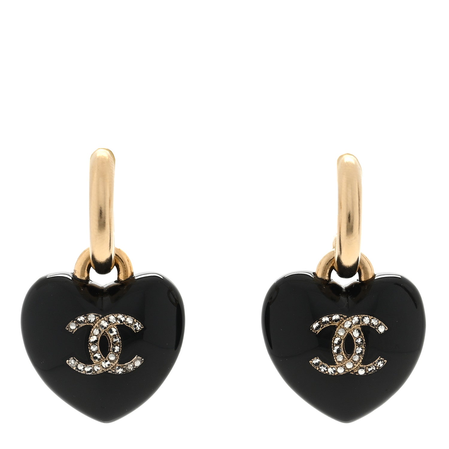 Chanel Resin Crystal CC Heart Drop Earrings Black Gold 1 of 4