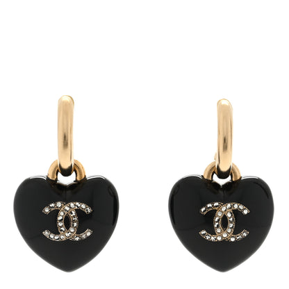 Chanel Resin Crystal CC Heart Drop Earrings Black Gold 1 of 4