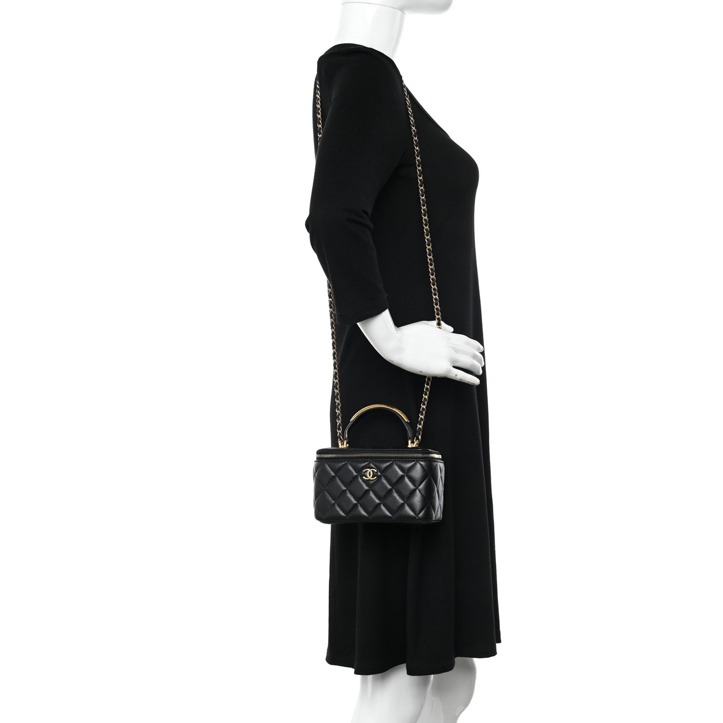 Lambskin Quilted Metal Small Top Handle Vanity Case With Chain Black