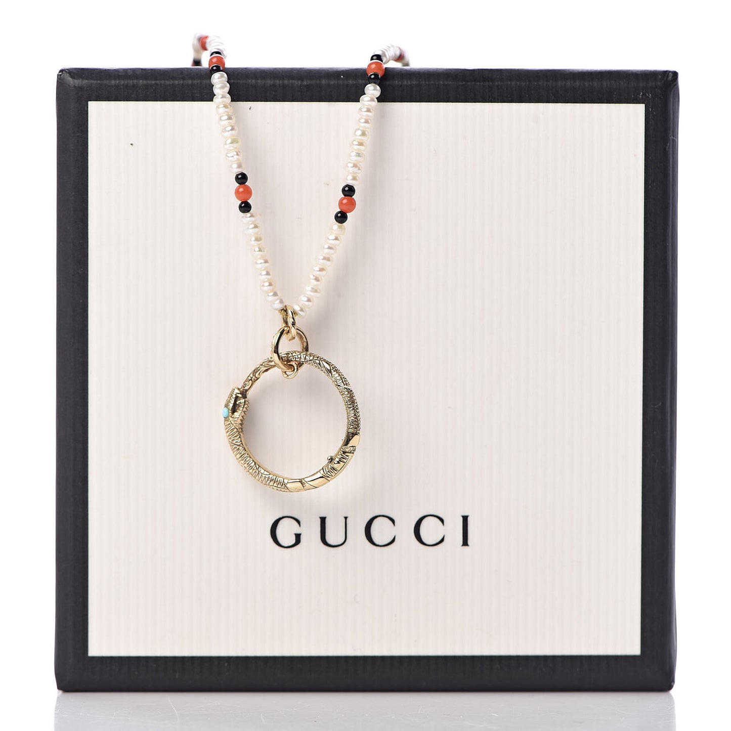 18K Yellow Gold Coral Black Onyx Freshwater Pearl Turquoise Ouroboros Pendant Necklace