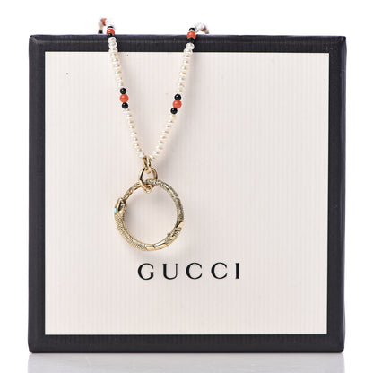Gucci 18K Yellow Gold Coral Black Onyx Freshwater Pearl Turquoise Ouroboros Pendant Necklace 4 of 4