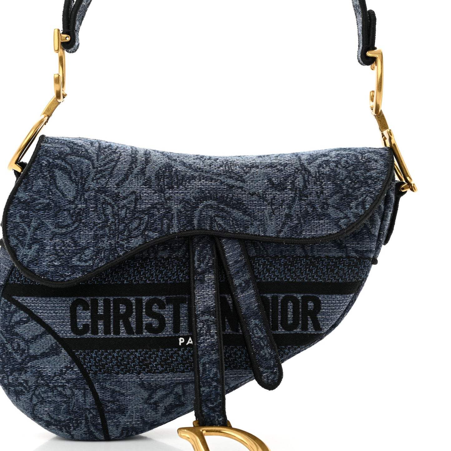 Denim Flowers Embroidered Saddle Bag Blue