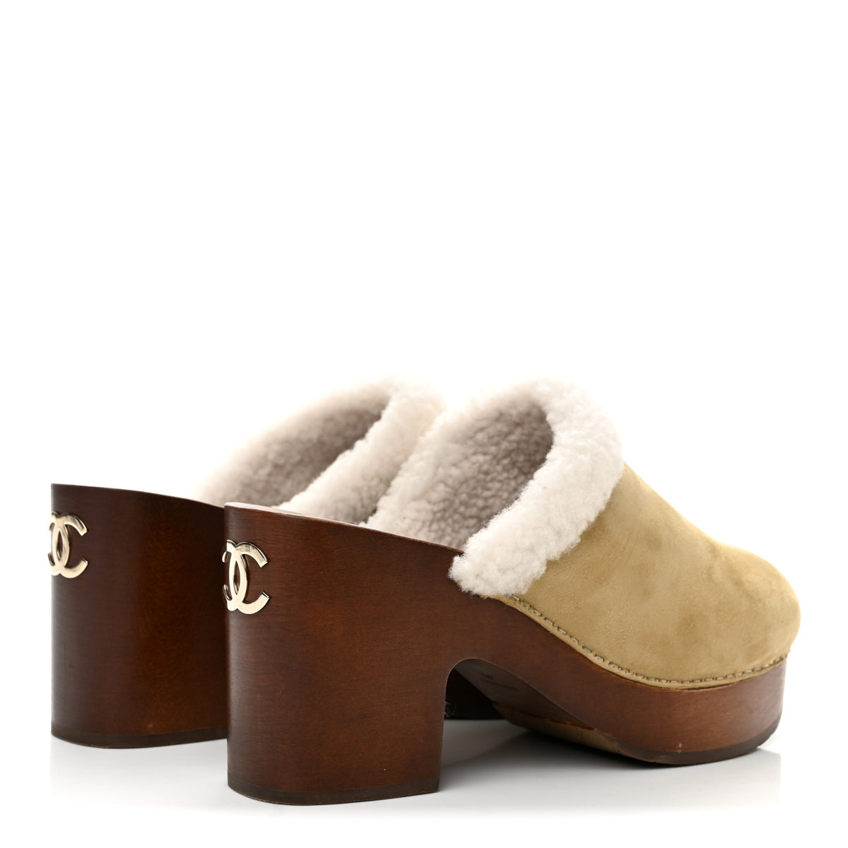 Chanel Suede Shearling CC Clogs 40 Beige 5 of 10