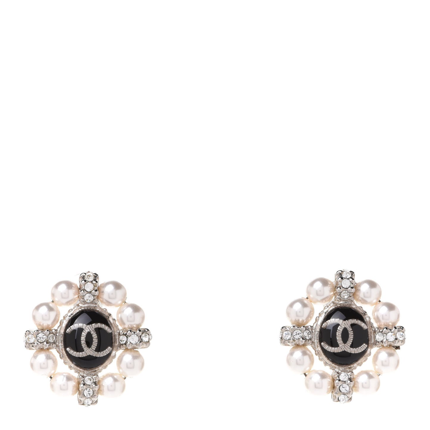Crystal Pearl Bead CC Round Earrings Silver Black
