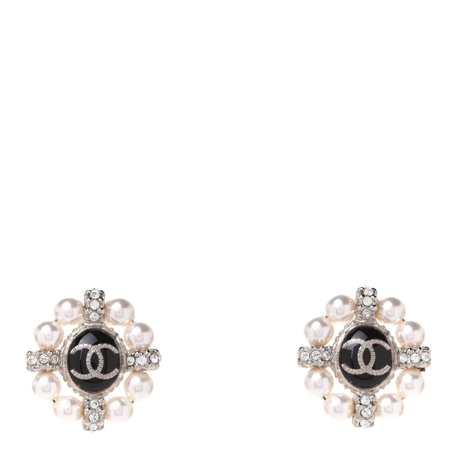 Chanel Crystal Pearl Bead CC Round Earrings Silver Black 1 of 5