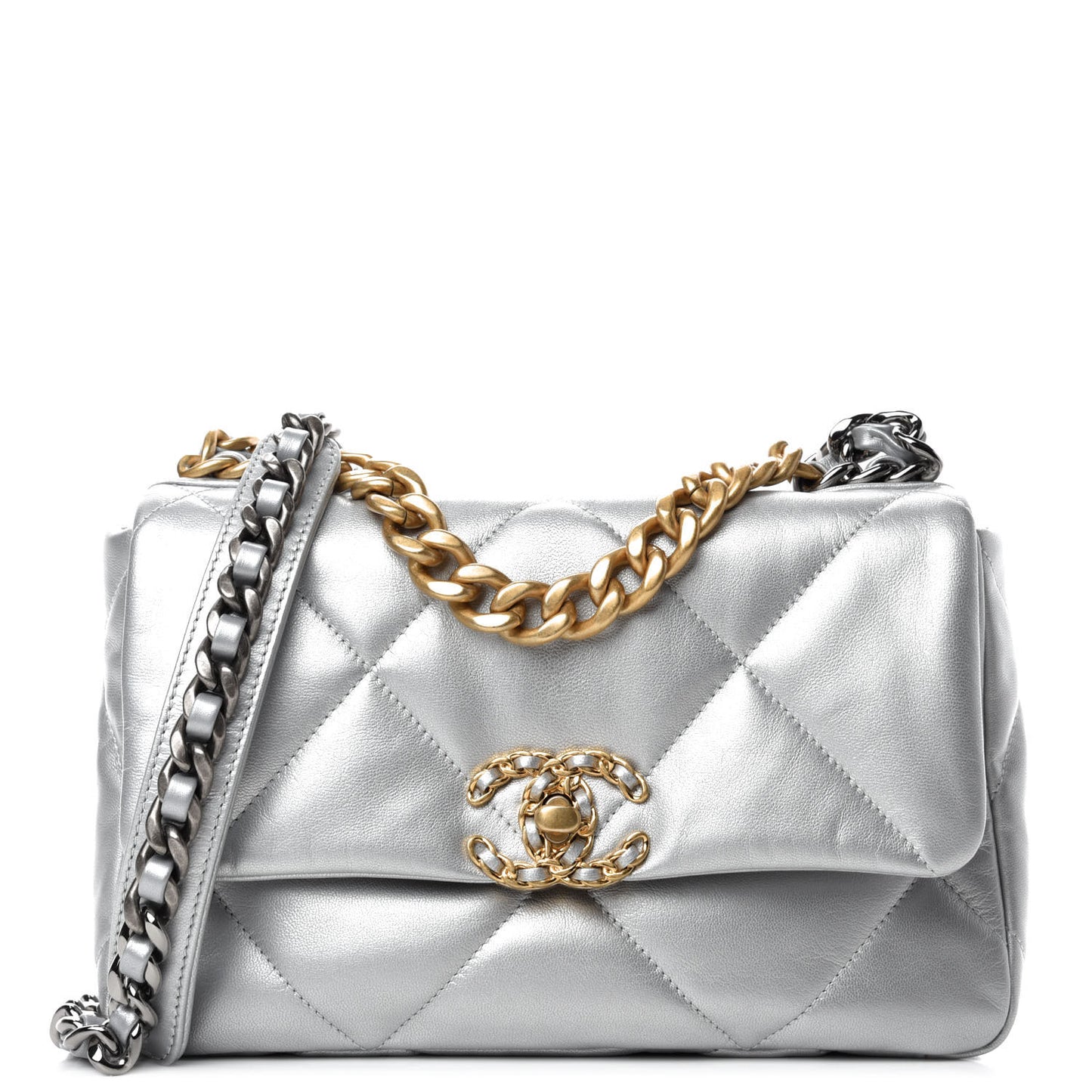 Metallic Lambskin Quilted Medium Chanel 19 Flap Silver