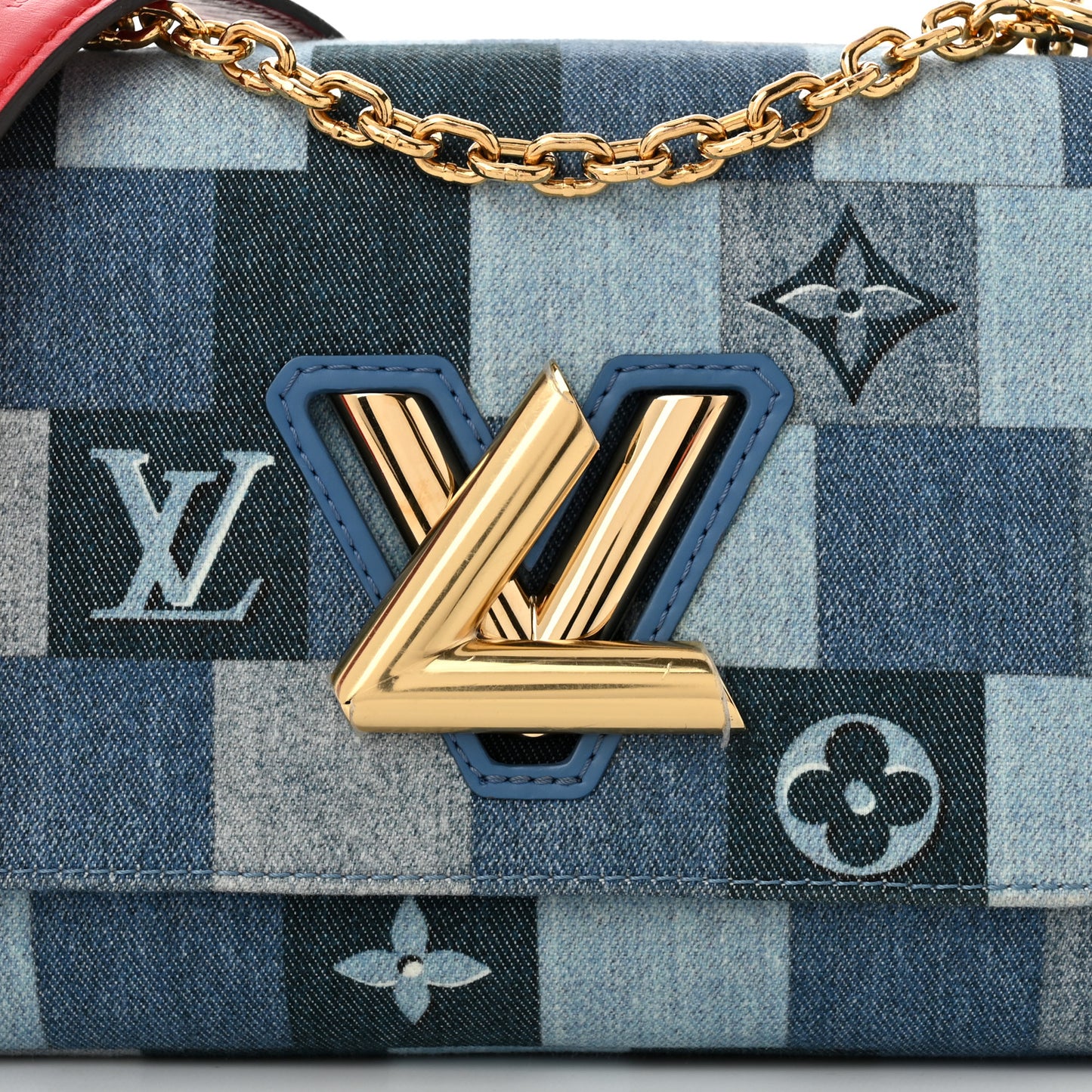 Denim Damier Monogram Twist Shoulder Bag MM Blue Rouge