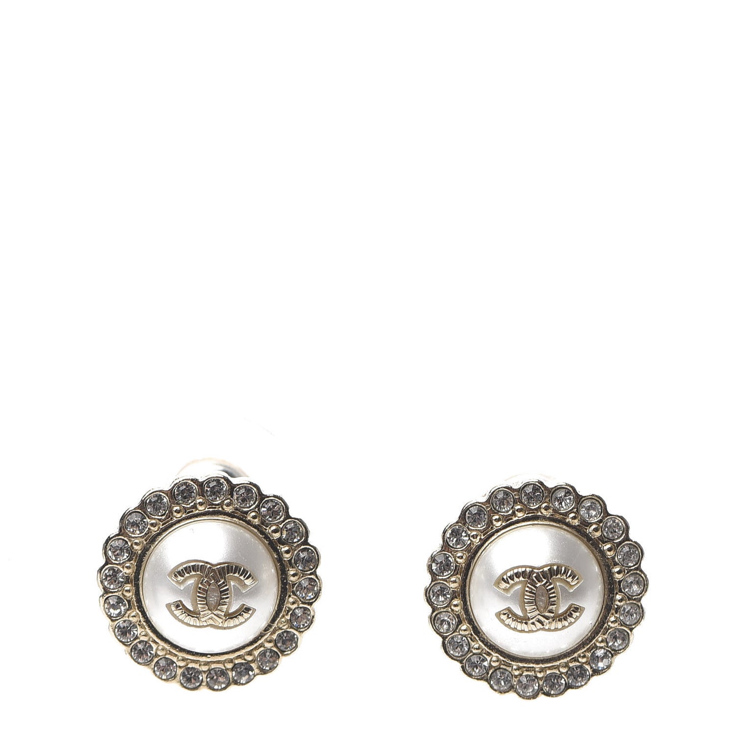 Metal Pearl Crystal CC Round Earrings Light Gold