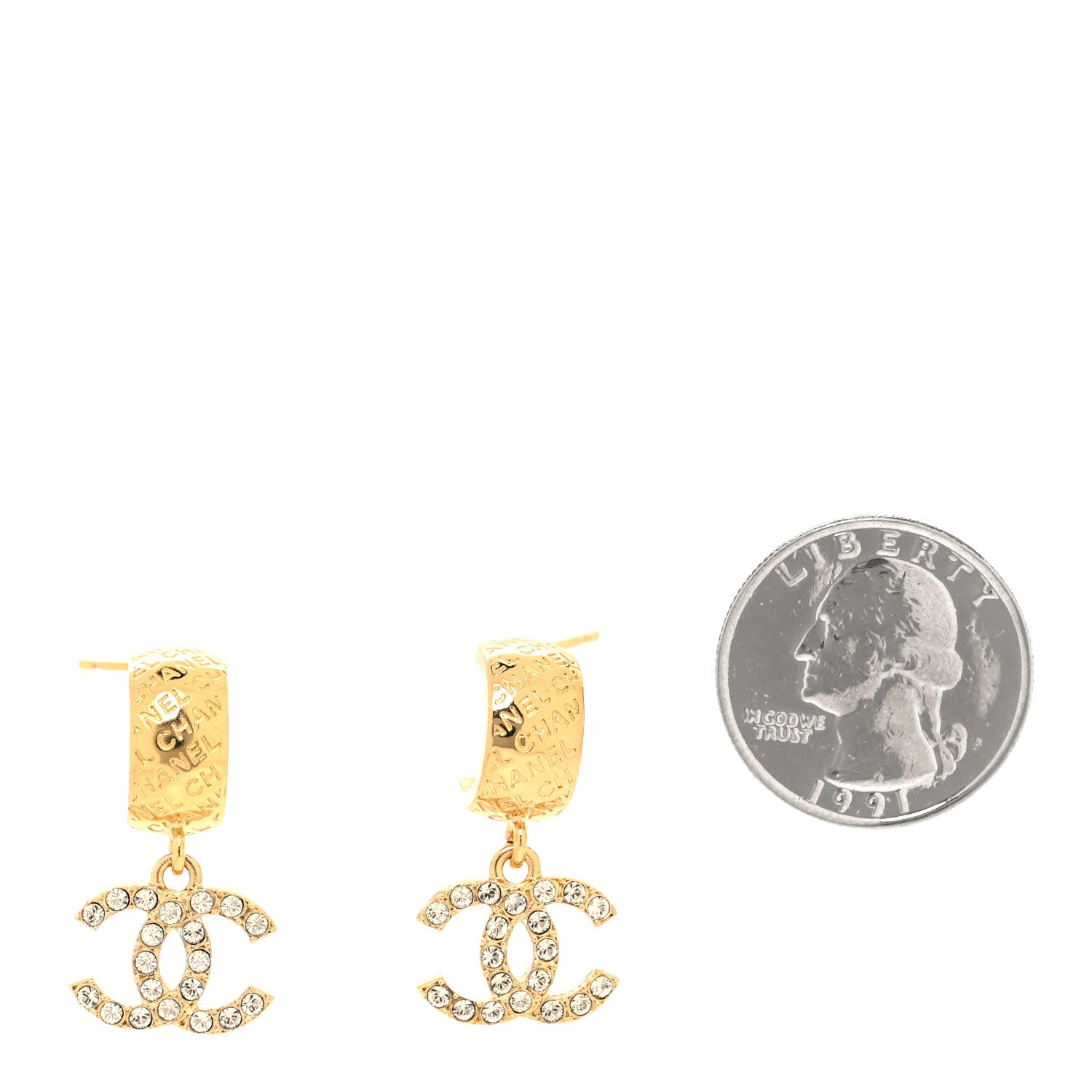 Chanel Metal Crystal CC Logo Hoop Drop Earrings Gold 2 of 5