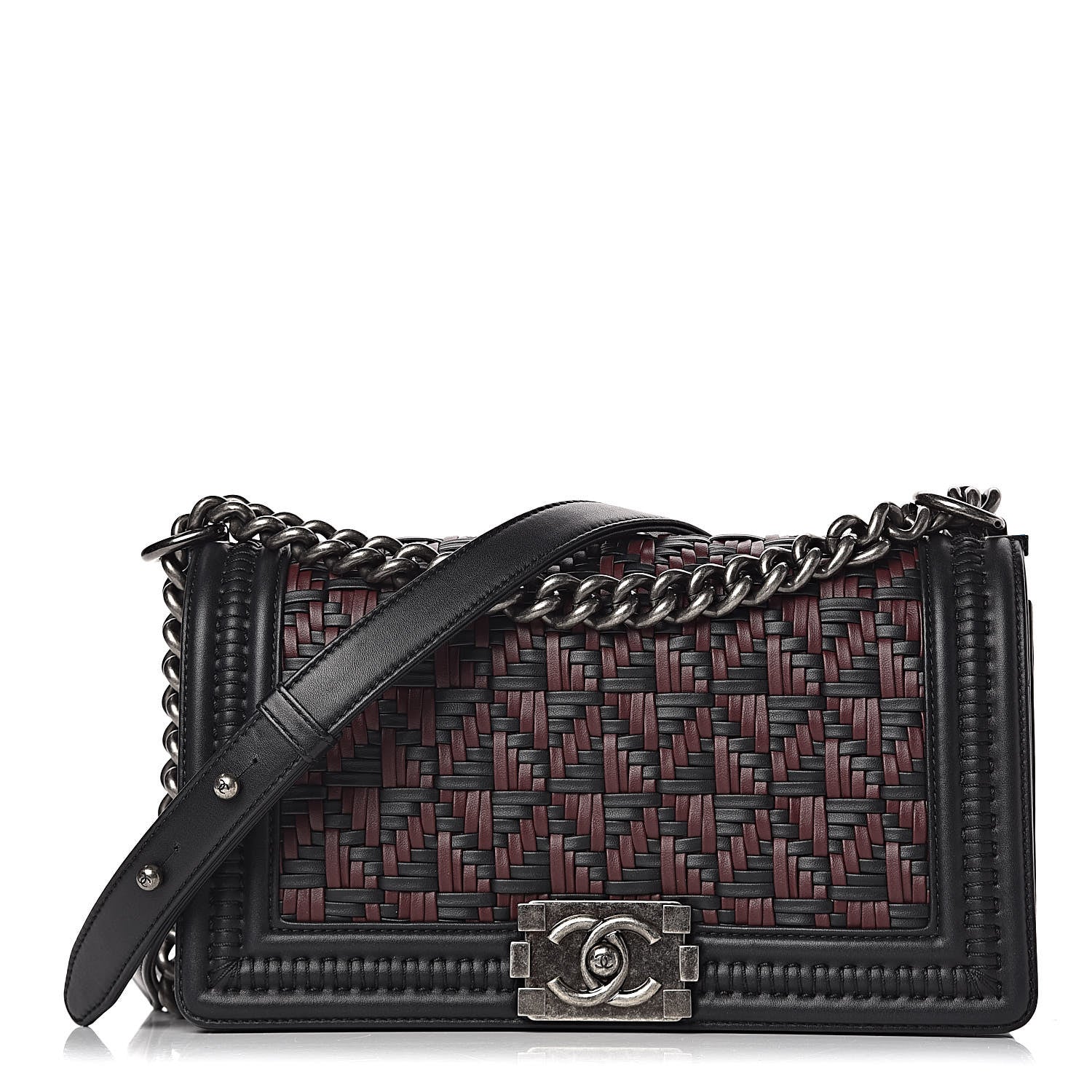 Chanel Calfskin Woven Medium Boy Flap Black Burgundy 1 of 14