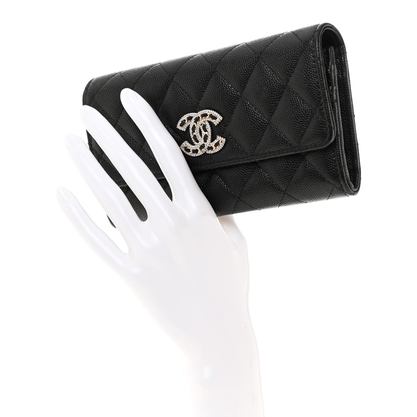 Caviar Quilted Crystal CC Large Gusset Flap Wallet Black